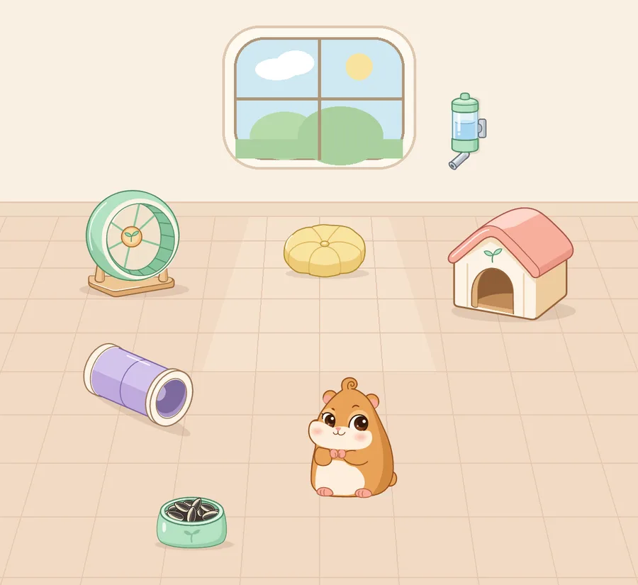A hamster sitting in a pastel room with a wheel, a cushion, a little house, a tunnel, a seed bowl and a water bottle.